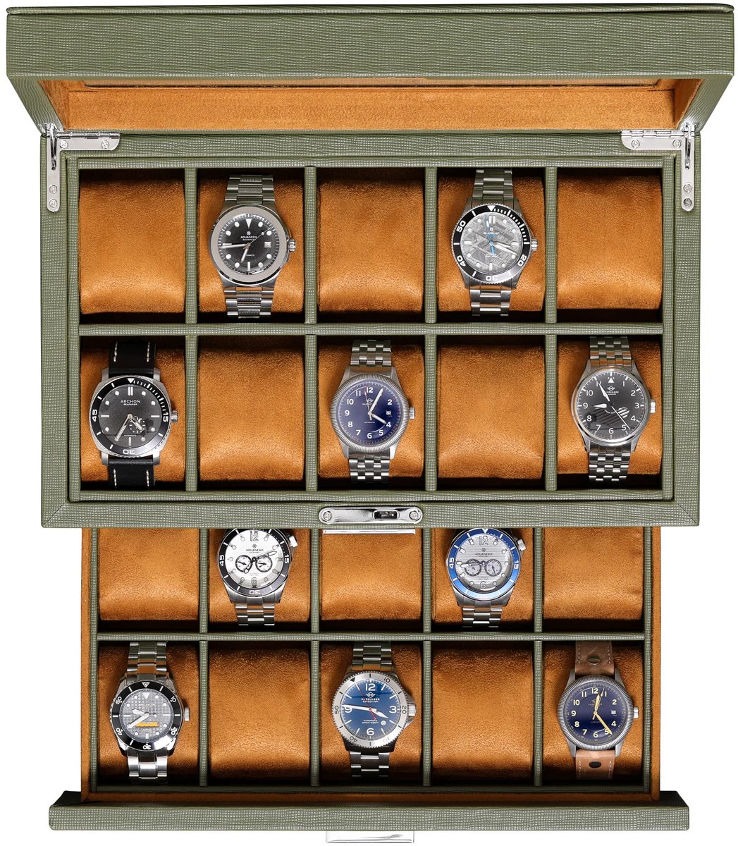 ROTHWELL leren horlogebox met 20 compartimenten, luxe horlogekast, sieradenorganizer, afsluitbare horlogekasthouder met grote bovenkant van echt glas, horlogebox, organizer voor mannen en vrouwen