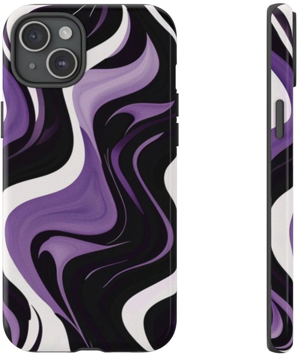 Zwart-Wit-Paarse Golvende Abstracte Print – Telefoonhoesje Geschikt voor iPhone 15 Plus