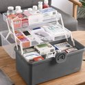 Grijze medicijnkist met transparant deksel en uitklapbare bakjes, vol met medicijnen en medische hulpmiddelen.