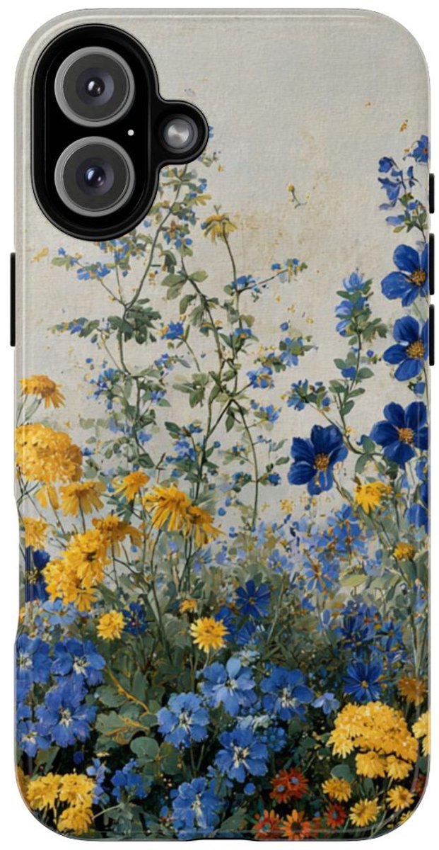 Blauwe en Gele Wilde Bloemen – Telefoonhoesje Geschikt voor iPhone 16 Plus