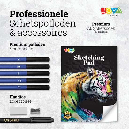 Bovenaanzicht van schetsbenodigdheden: blauwe potloden, schetsboek met tijger, gum, puntenslijper.
