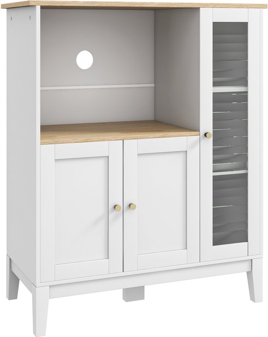 HOMCOM Meuble de cuisine indépendant avec plan de travail pour micro-ondes, machine à café, armoires, portes en verre, Blanc | France