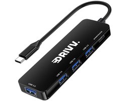 Drivv. USB C Hub met 4 USB 3.0 Poorten – USB C Splitter – Snelle Gegevensoverdracht – Aluminium Behuizing – Zwart