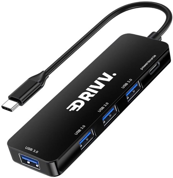 Drivv. USB C Hub met 4 USB 3.0 Poorten - USB C Splitter - Snelle Gegevensoverdracht - Aluminium Behuizing - Zwart