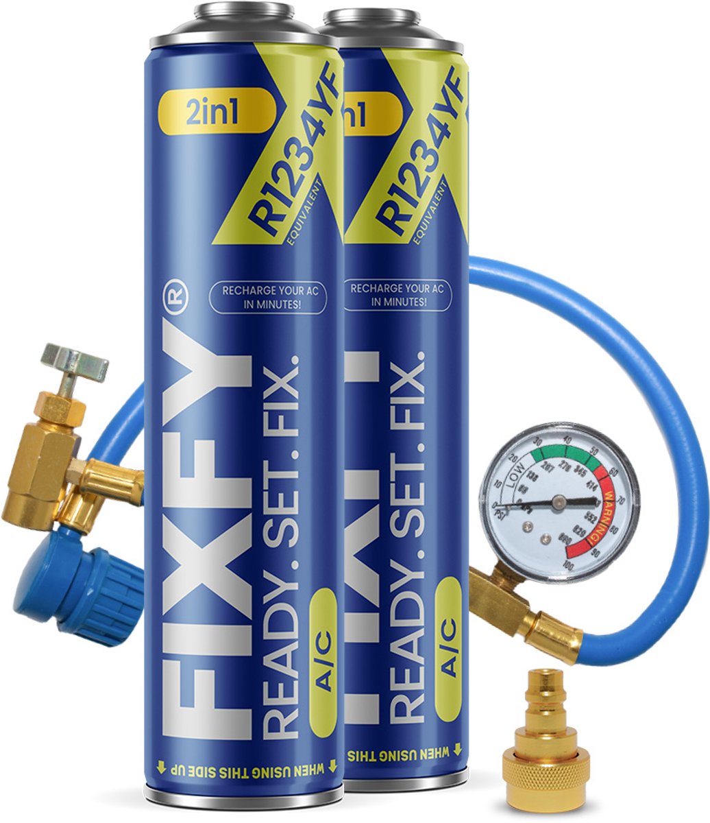 FIXFY 2in1 500ml airconditioning navulset - 2x GROTE BUS + Slang + R1234yf Adapter