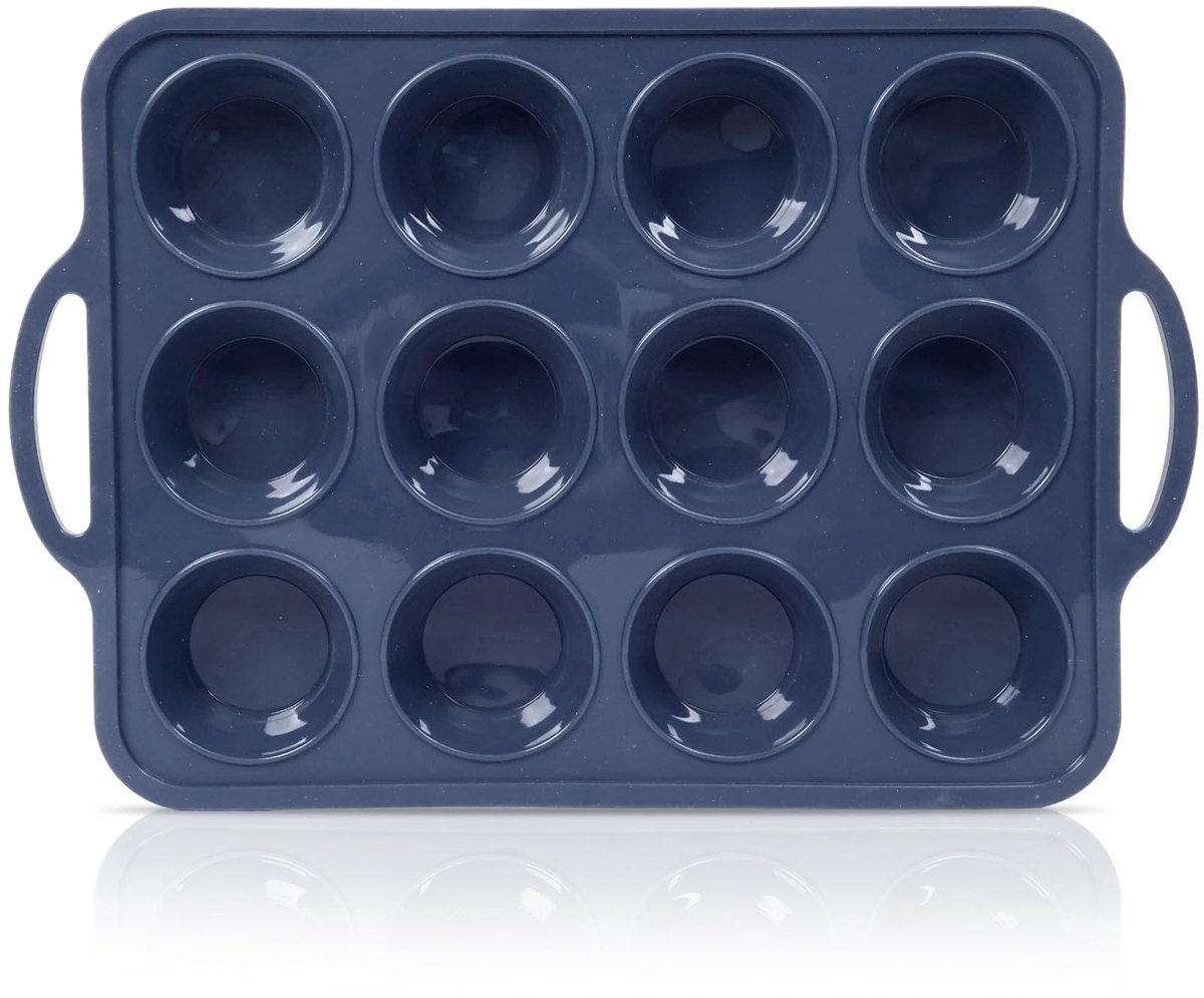 Ibenzoa® Muffinbakvorm van siliconen met versterkt metalen frame en anti-aanbaklaag voor 12 muffins, inclusief handvatten, grijs