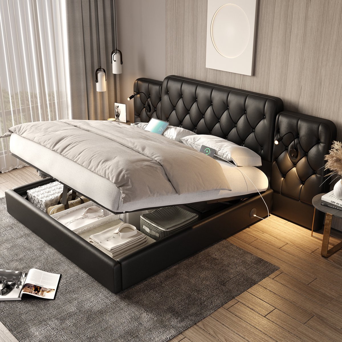 Sweiko Tweepersoonsbed - 160 x 200 cm - PU materiaal - USB-aansluiting - 2 leeslampjes - O