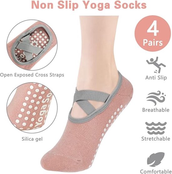 Lot De 4 Paires Chaussettes Antidérapantes Pilates/Yoga - Coton, Semelle Silicone - Homme/Femme