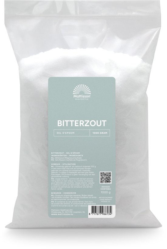 Een zak Mattisson Bitterzout (Epsomzout) van 1000 gram. De zak heeft een lichtgroen label met productinformatie.