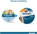 Verpakking Seresto kattenhalsband 1,25 g + 0,56 g, 38 cm, met oranje kat. Oude en nieuwe verpakking.