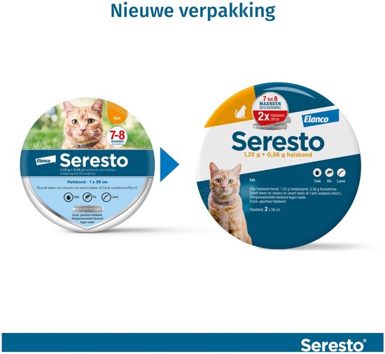 Verpakking Seresto kattenhalsband 1,25 g + 0,56 g, 38 cm, met oranje kat. Oude en nieuwe verpakking.