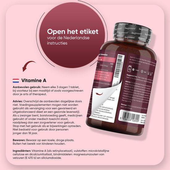 Bruine glasfles met WeightWorld Vitamine A-tabletten, met deksel en etiket met ingrediënten en gebruiksaanwijzing.
