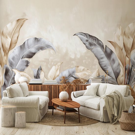WALLARENA - Fotobehang - 300x210 cm - Beige bladeren beton design voor slaapkamer en woonkamer, vliesbehang