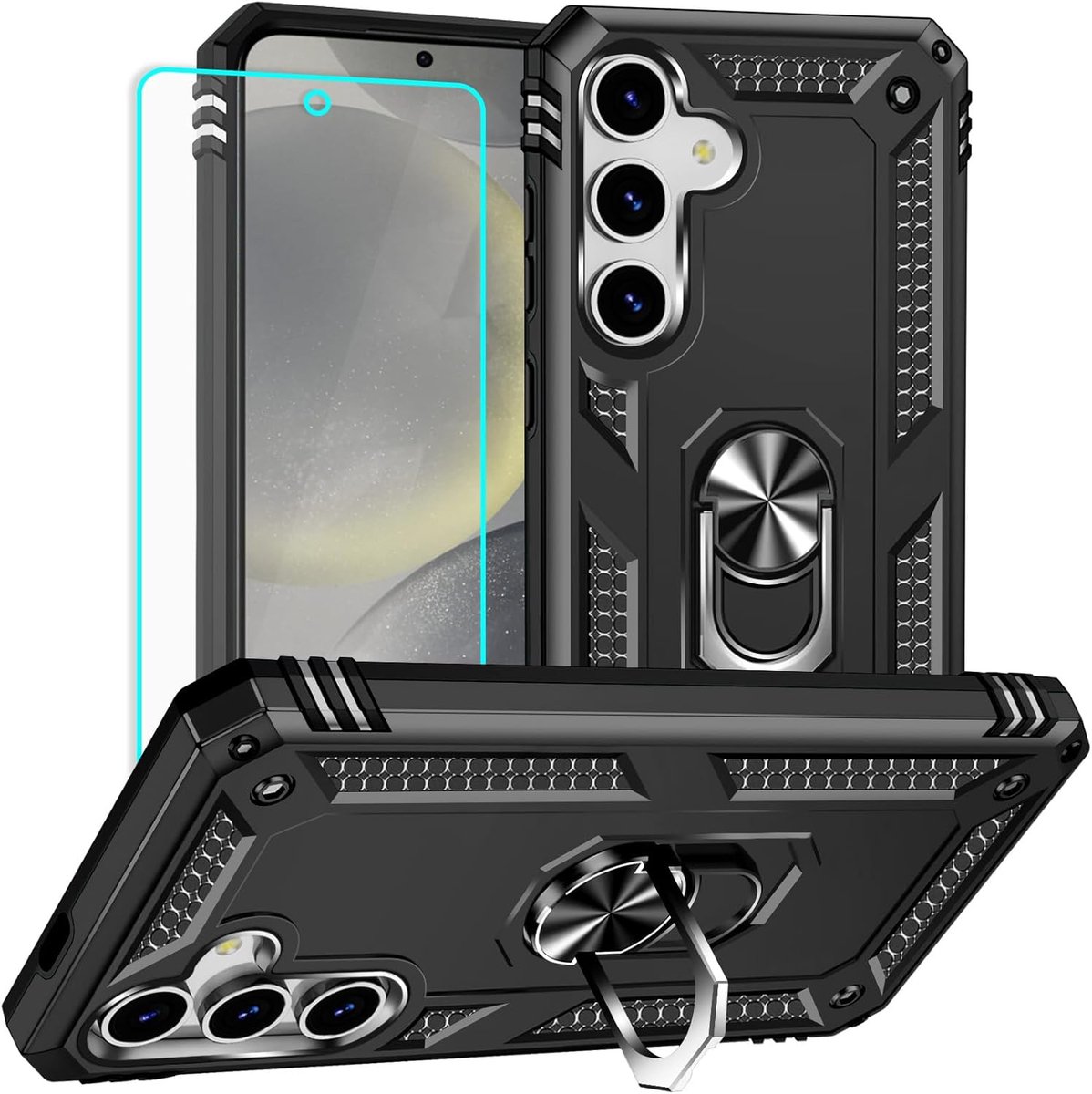 Casemania Hoesje en Glas Geschikt voor Samsung Galaxy S25 - Zwart - Anti-Shock Hybrid Armor Back Cover - Hoes met Kickstand Ring - 1x Glazen Screenprotector