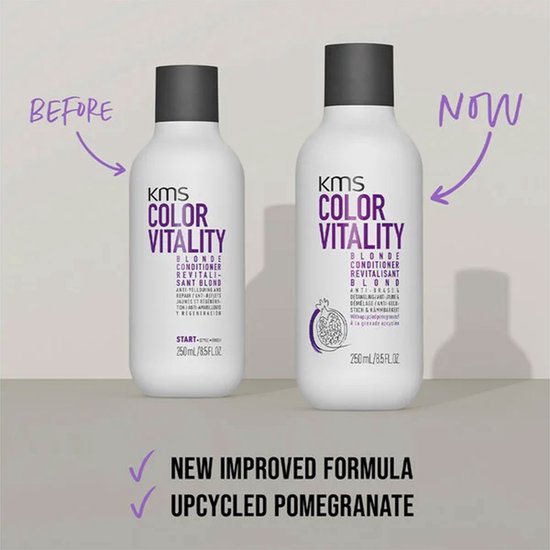 Voor en nu-foto van twee KMS Color Vitality Blonde Conditioner flessen, met tekst over de verbeterde formule.