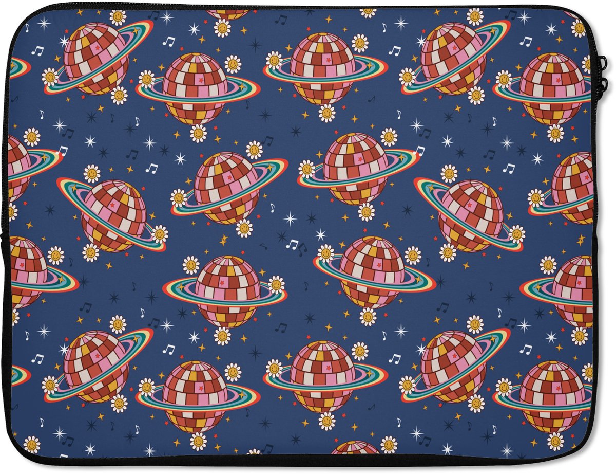 Laptophoes 15.6 inch - Disco - Blauw - Patroon - Laptop sleeve - Binnenmaat 37x26 cm - Zwarte achterkant