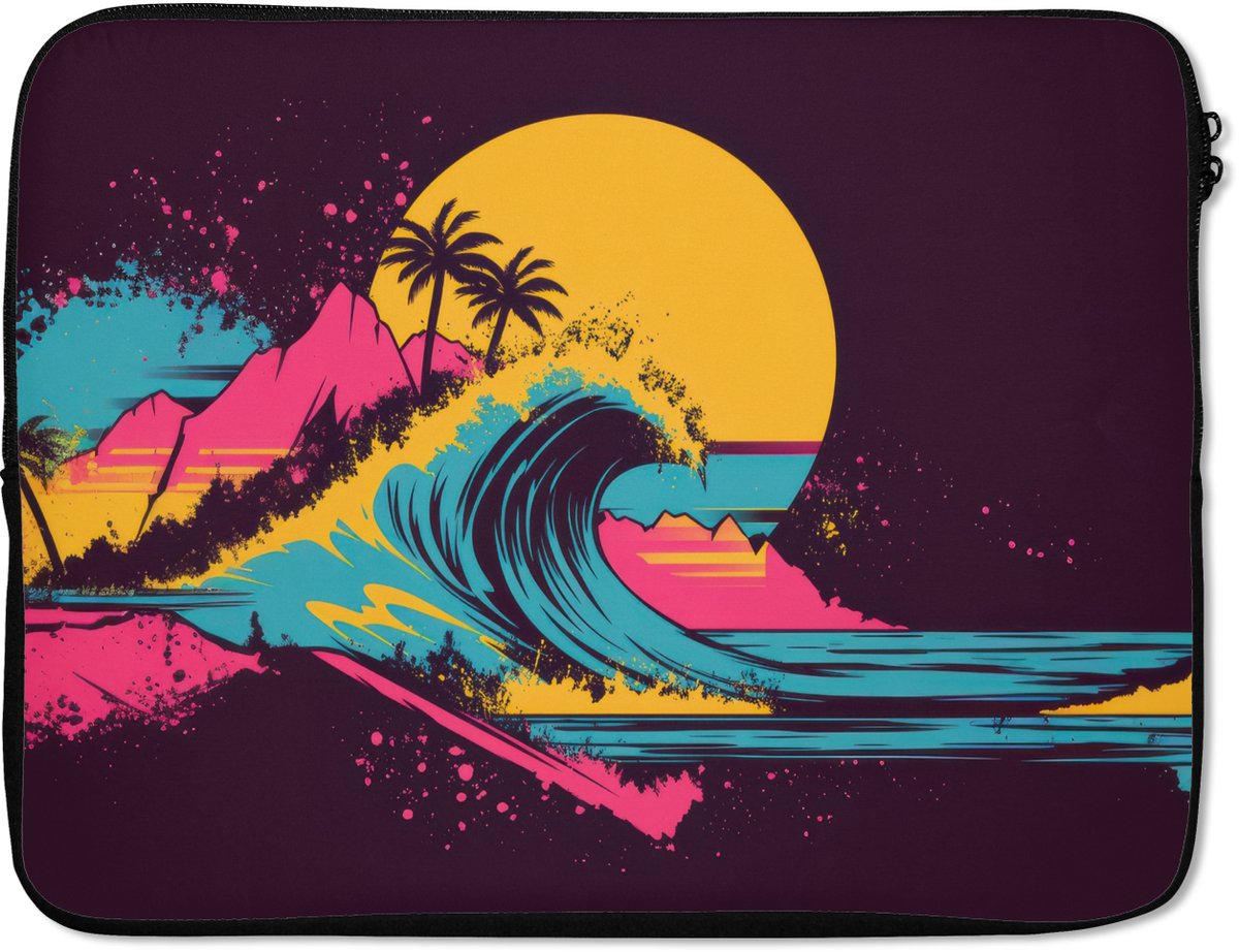 Laptophoes 17 inch - Golf - Kleurrijk - Zon - Palmbomen - Laptop sleeve - Binnenmaat 41x28 cm - Zwarte achterkant
