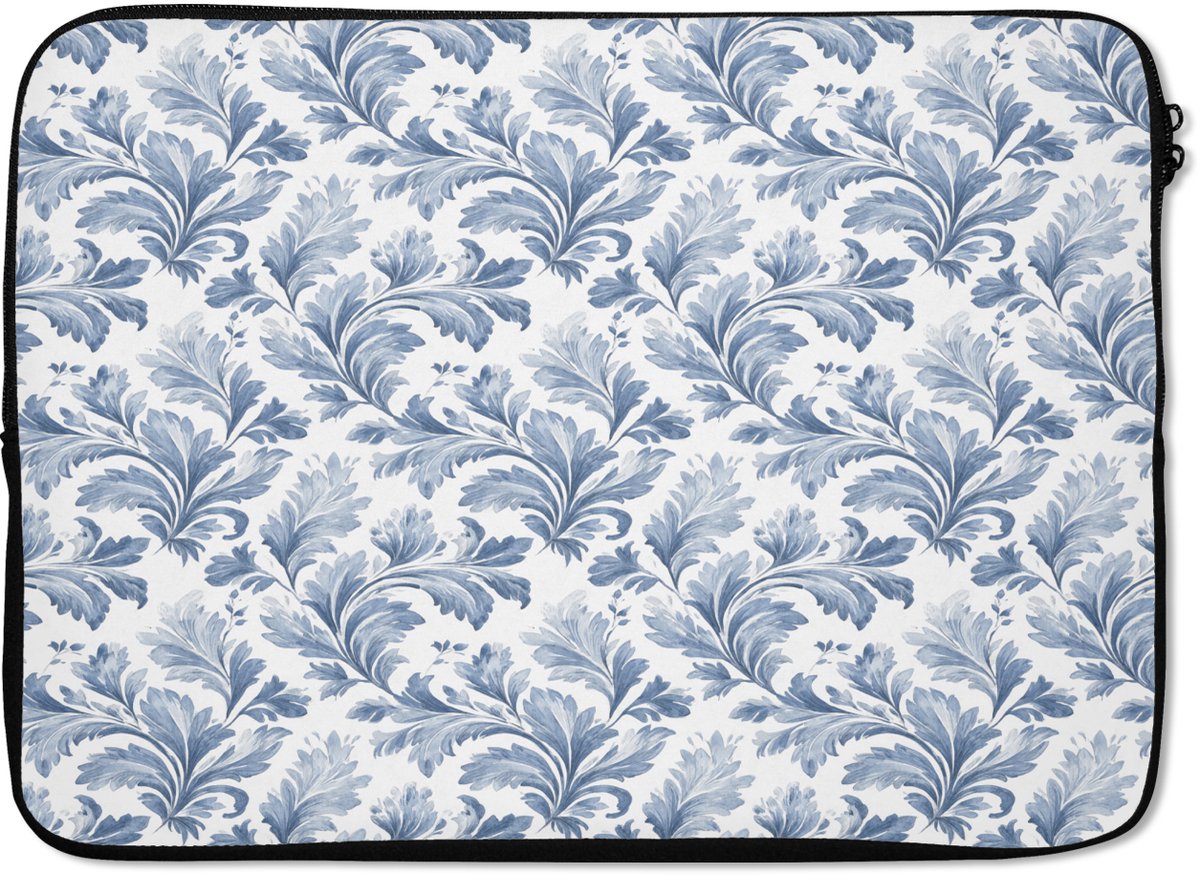Laptophoes 13 inch - Bladeren - Blauw - Patroon - Laptop sleeve - Binnenmaat 32x22,5 cm - Zwarte achterkant