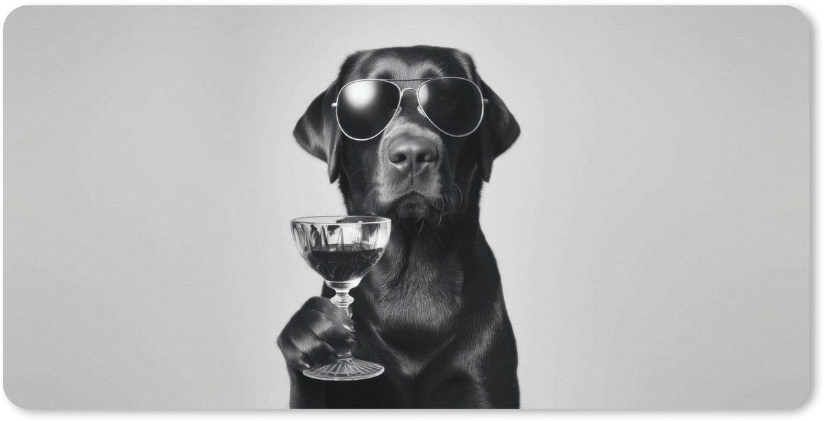 Muismat XXL 90x45 cm - Bureau onderlegger - Bureau mat Hond - Zwart - Wijnglas - Zonnebril - Bureaumat - Gaming mousepad xl - Bureaulegger groot - Computer deskmat