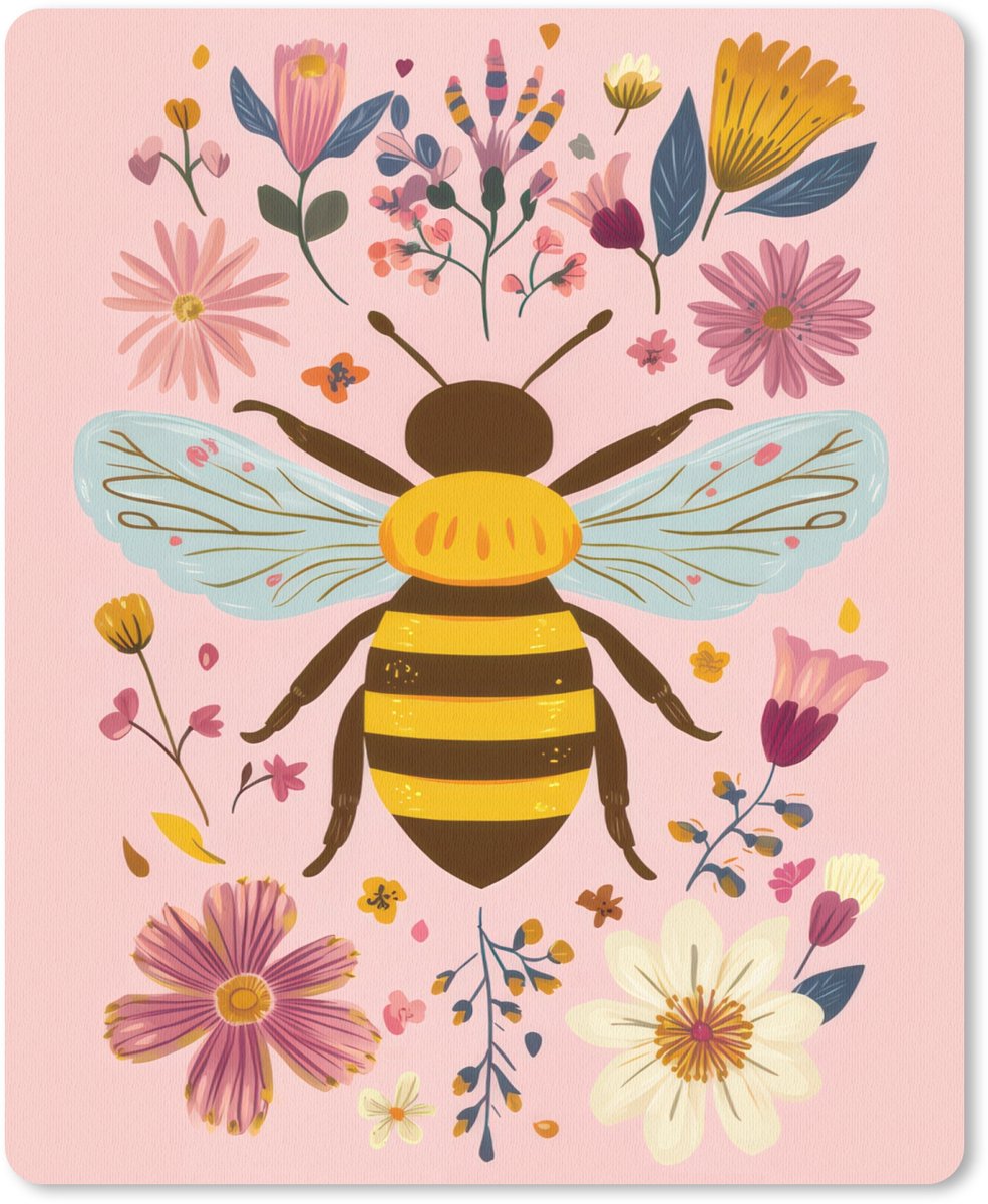 Muismat 19x23 cm - Mousepad Bij - Geel - Bloemen - Kleurrijk - Muismatten