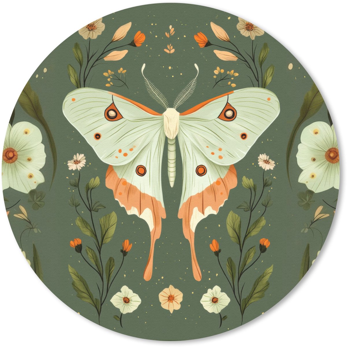 Muismat rond 40x40 cm - Mousepad Bloemen - Bladeren - Olijfgroen - Vlinder - Ronde muismatten