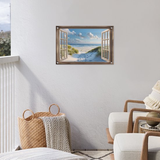 Affiche de jardin 60x40 cm - Décoration de jardin Vue - Plage - Fenêtre - Dunes - Mer - Affiche pour le jardin - Décoration extérieure - Tableau de jardin clôture - Décoration murale sur toile de jardin - Décoration murale sur toile de balcon