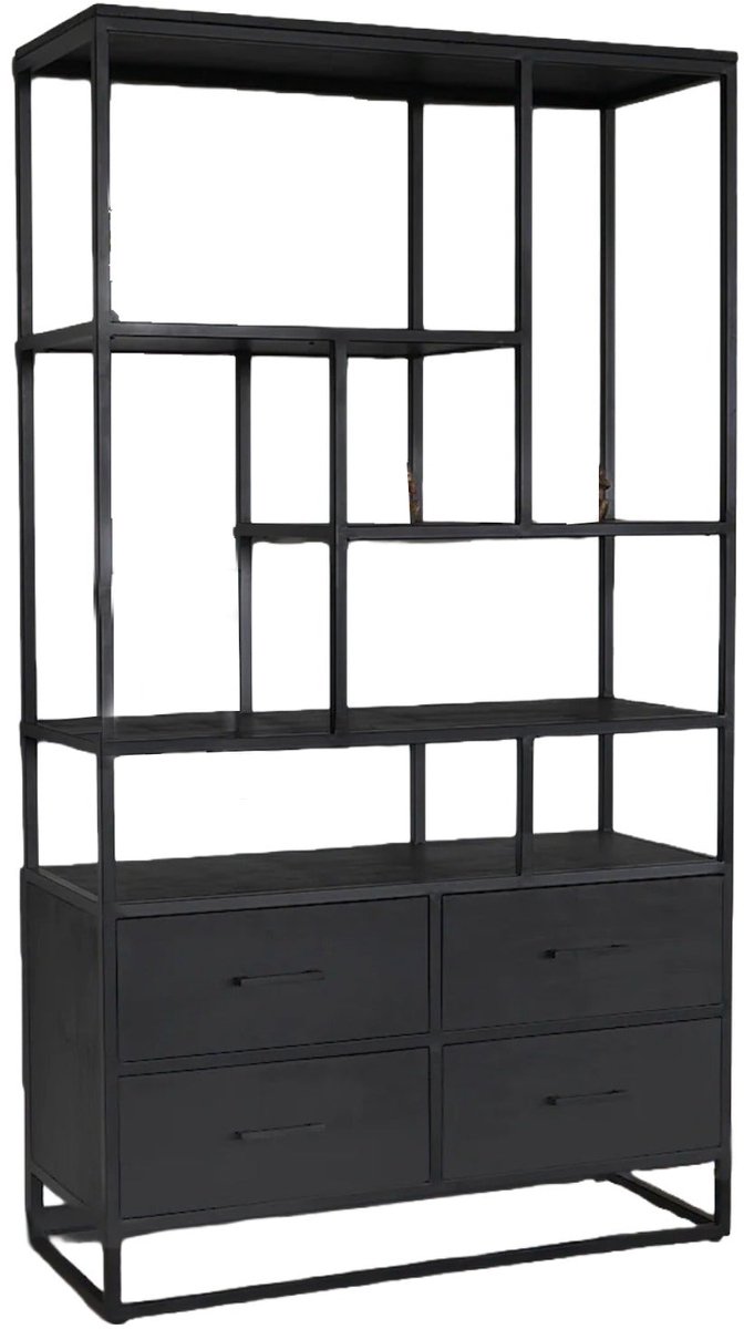 Kast industrieel mangohout Milo zwart mango hout wandkast 180cm vakkenkast mango duurzaam