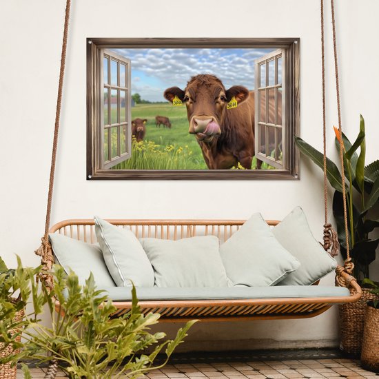 Affiche de jardin 120x80 cm - Décoration de jardin Vue - Vache - Prairie - Paysage - Animaux - Affiche pour le jardin - Décoration extérieure - Tableau de jardin clôture - Décoration murale sur toile de jardin - Décoration murale sur toile de balcon