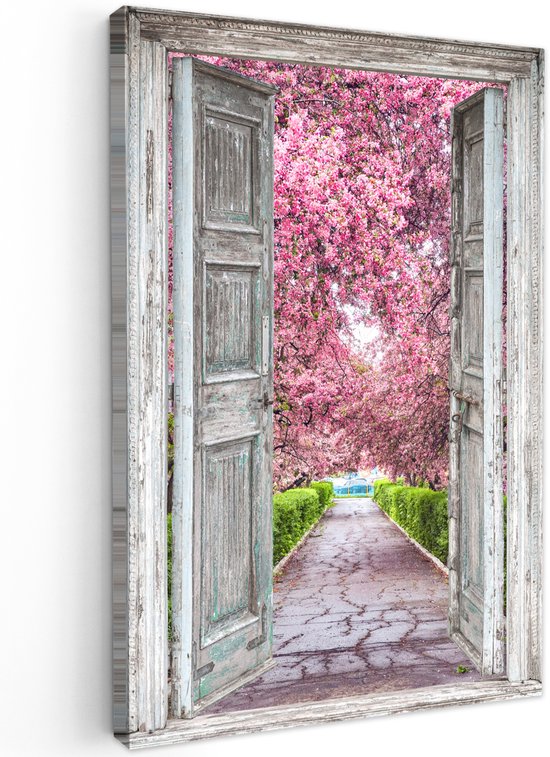 Tableau extérieur jardin 80x120 cm - Décoration de jardin Sakura - Vue à travers - Arbre - Fleur de cerisier - Poster jardin sur toile - Décoration murale Jardin - Décoration tableau extérieur - Décoration murale clôture - Toile extérieur