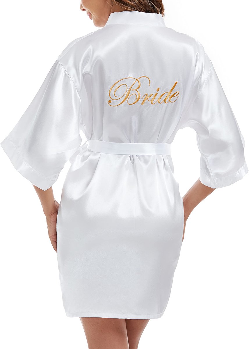Dames Kimono Badjas - Satijnen Lichtgewicht Kort Japanse Stijl - Bruids - Wit Maat M