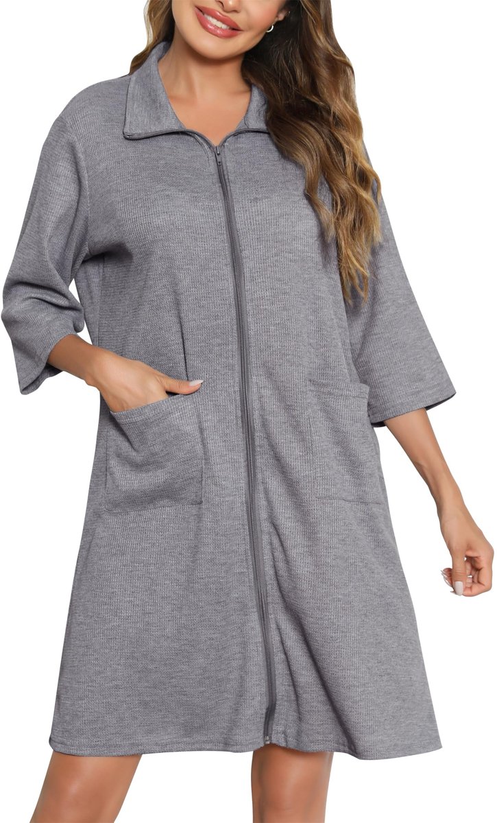Wafelstof Badjas - Lichtgewicht met ritssluiting, 3/4 mouwen en zakken - Knielengte - Dames - Grijs, XL
