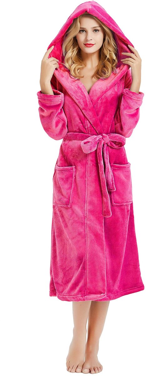Dames Badjas - Lange Fleece met Capuchon en Zacht Pluche - Roze, Maat L/XL