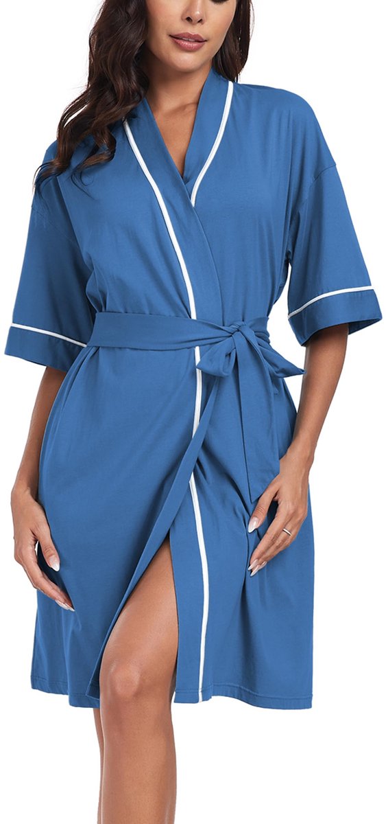 Dames Ochtendjas - 100% Katoen Lichtgewicht Knielang - Kimono Saunajas - Azuurblauw, 2XL