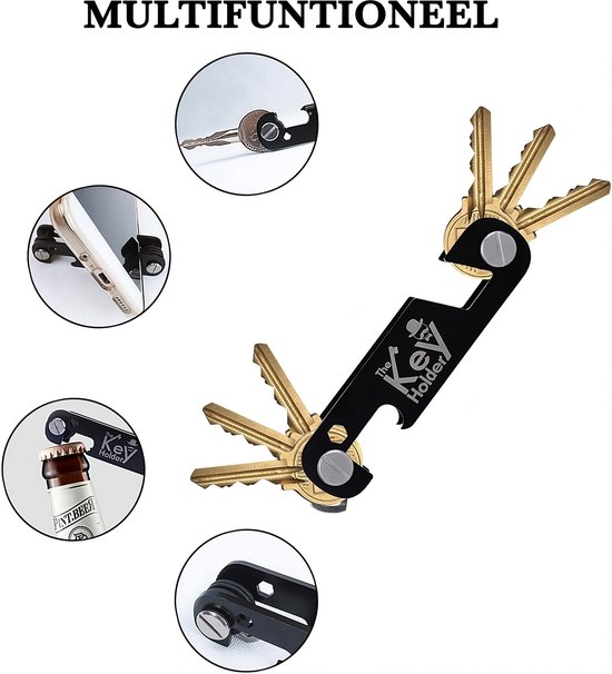 Multifunctionele zwarte sleutelhouder met sleutels, flesopener en telefoonstandaard.