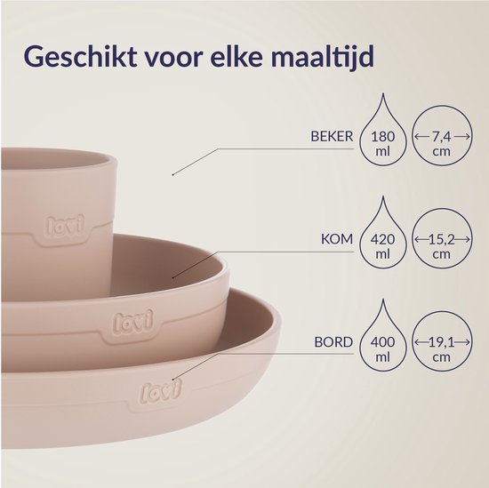 Service de table rose Difrax LOVI - Assiette, Kom et tasse ouverte - 6 mois et plus - Sans BPA, passe au micro-ondes et au lave-vaisselle