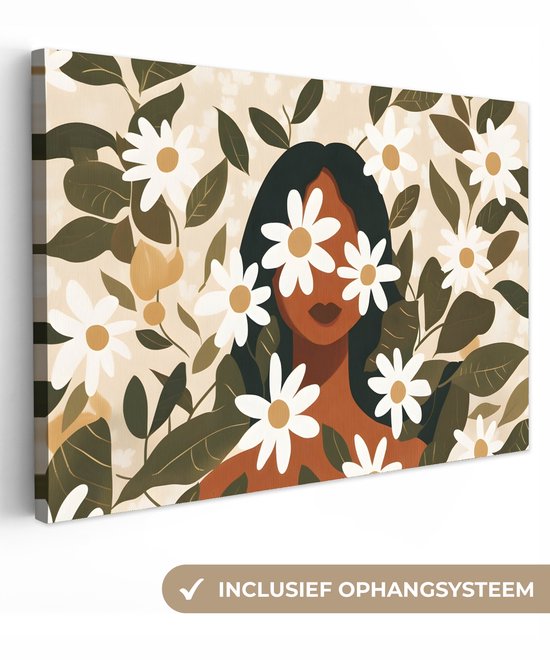 Canvas schilderij 30x20 cm - Exclusieve wanddecoratie Illustratie - Vrouw - Madeliefjes - Wit - Muurdecoratie woonkamer - Slaapkamer decoratie - Kamer accessoires - Schilderijen op canvas