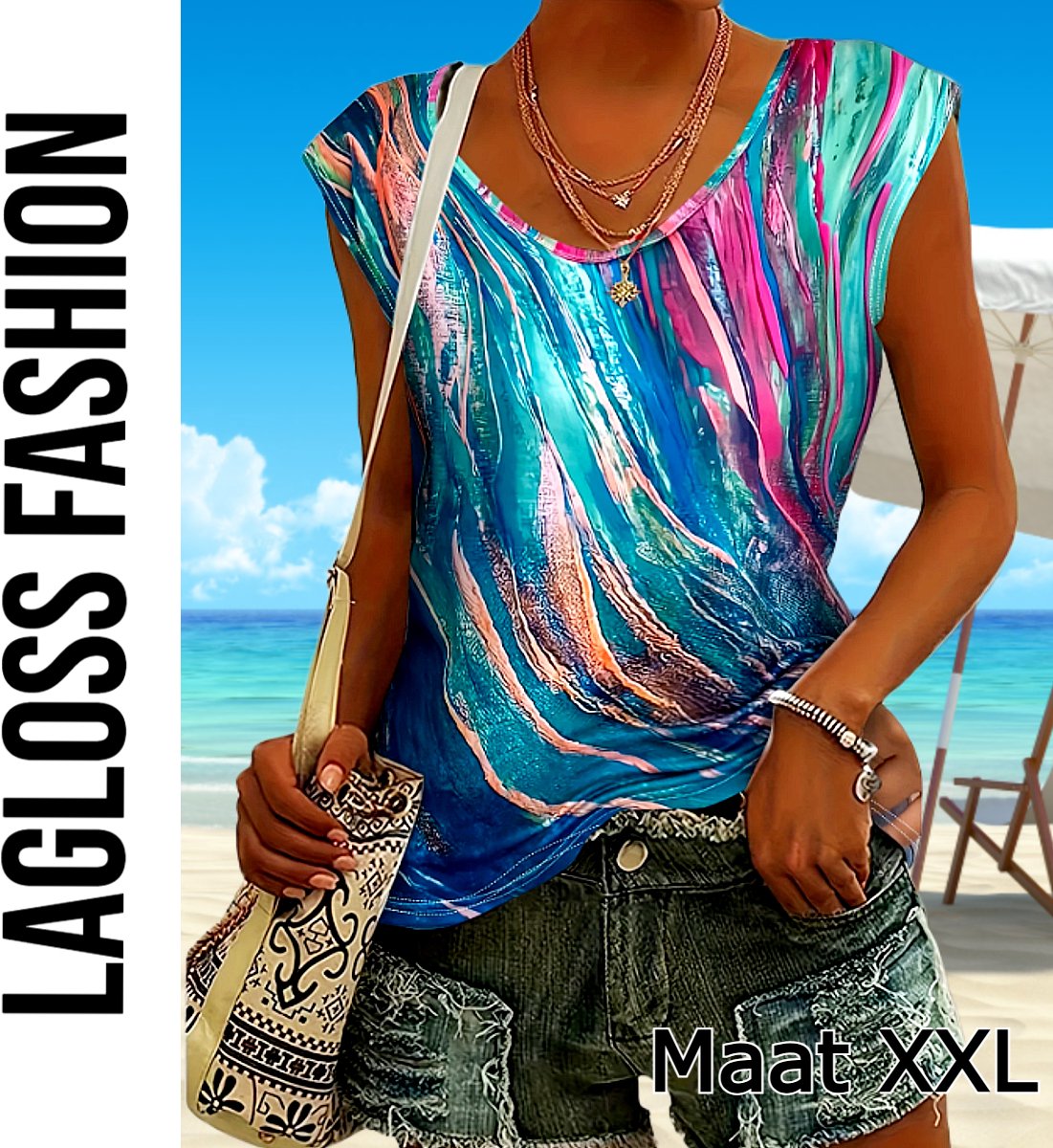 LaGloss® Zomerse Tanktop Dames - Abstracte Kleurenprint - Mouwloos T-shirt Tuniek - Casual V-Hals Top - Maat XXL