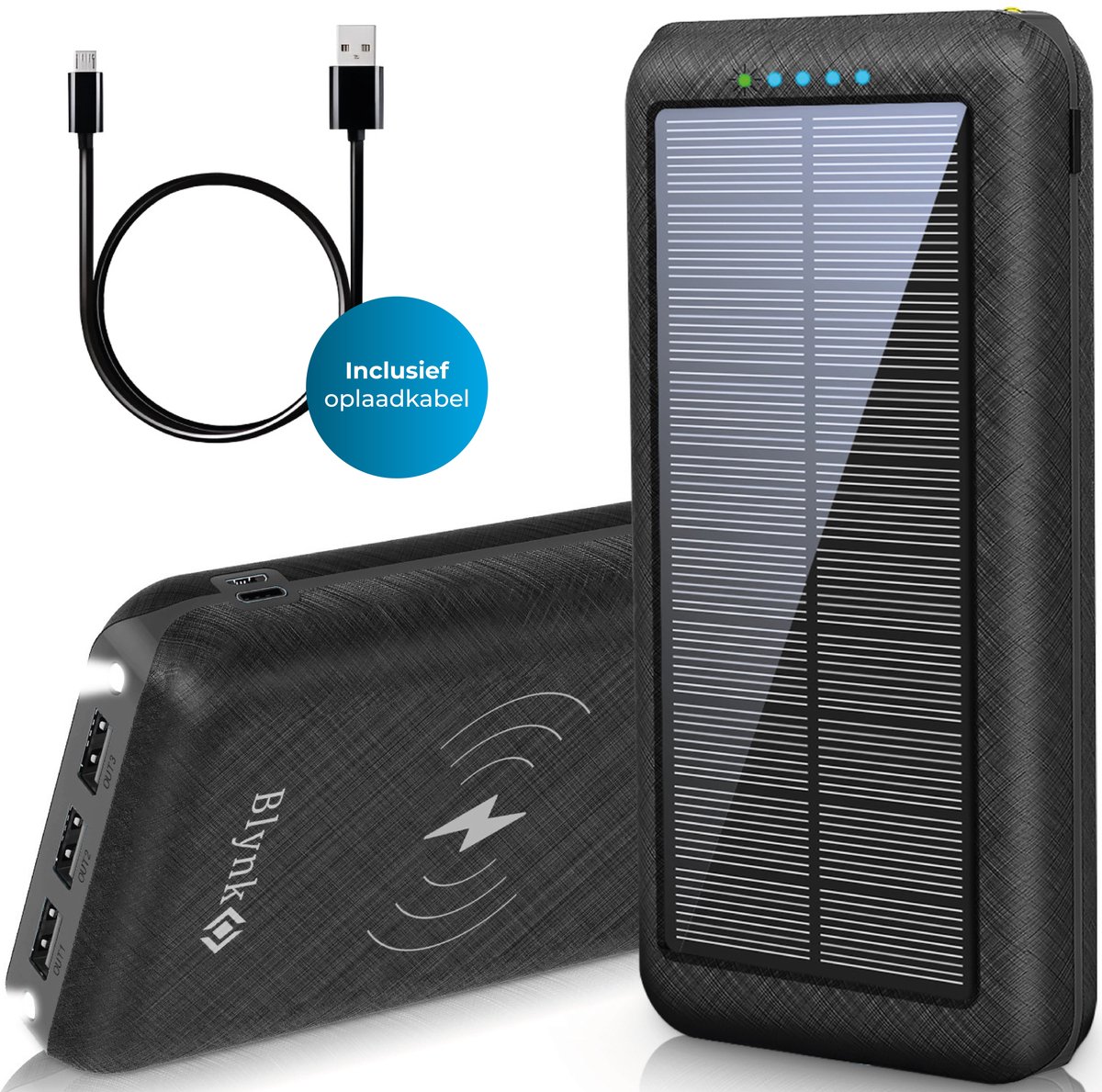 Blynk Solar Powerbank 20.000 mAh – Draadloos Opladen – Zonnepaneel – Outdoor/Noodpakket – USB & USB-C – Zwart