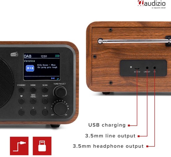 Voor- en achterkant van DAB radio met houtlook. Poorten: DC IN 5V, LINE OUT, HEADPHONE.