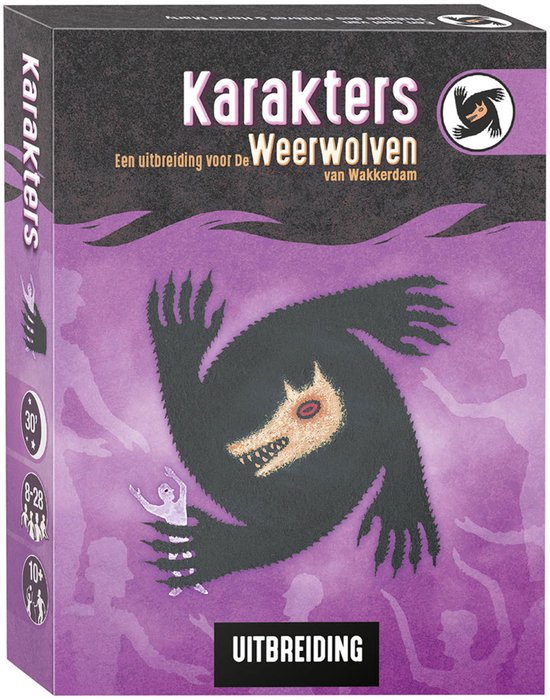 Doos van 'Karakters', een uitbreiding voor 'De Weerwolven van Wakkerdam'. Een zwarte weerwolf grijpt een klein figuurtje, omringd door paarse golven en schimmige mensfiguren.
