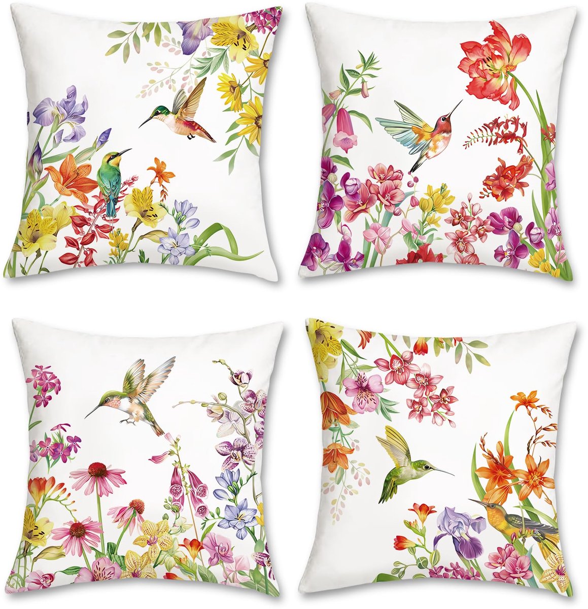Ibenzoa Set van 4 Decoratieve Kussenslopen met Bloemen- en Vogelmotief voor Thuis en Tuin Bloemen-2