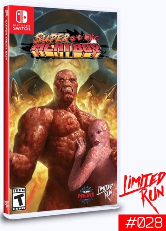 Super Meat Boy (Limited Run #028) Nintendo Switch speldoos met een gespierde rode man en een vrouw met een schubbig roze uiterlijk.