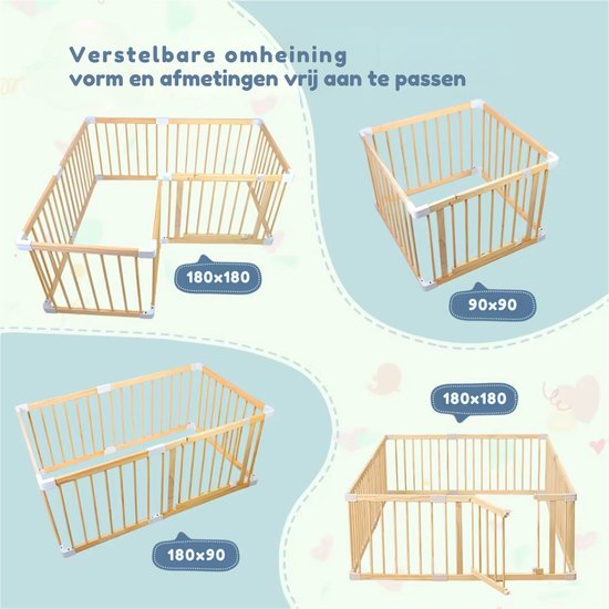 Kaëru® Houten Speelbox voor Baby’s – Babypark – Kruipbox – Grondbox Baby – Gemaakt van Nieuw-Zeelands grenen – Veilig en ruim speelgebied – 180x180x61 cm – Met witte verbindingsstukken – Perfect om te kruipen en te spelen — afbeelding 3