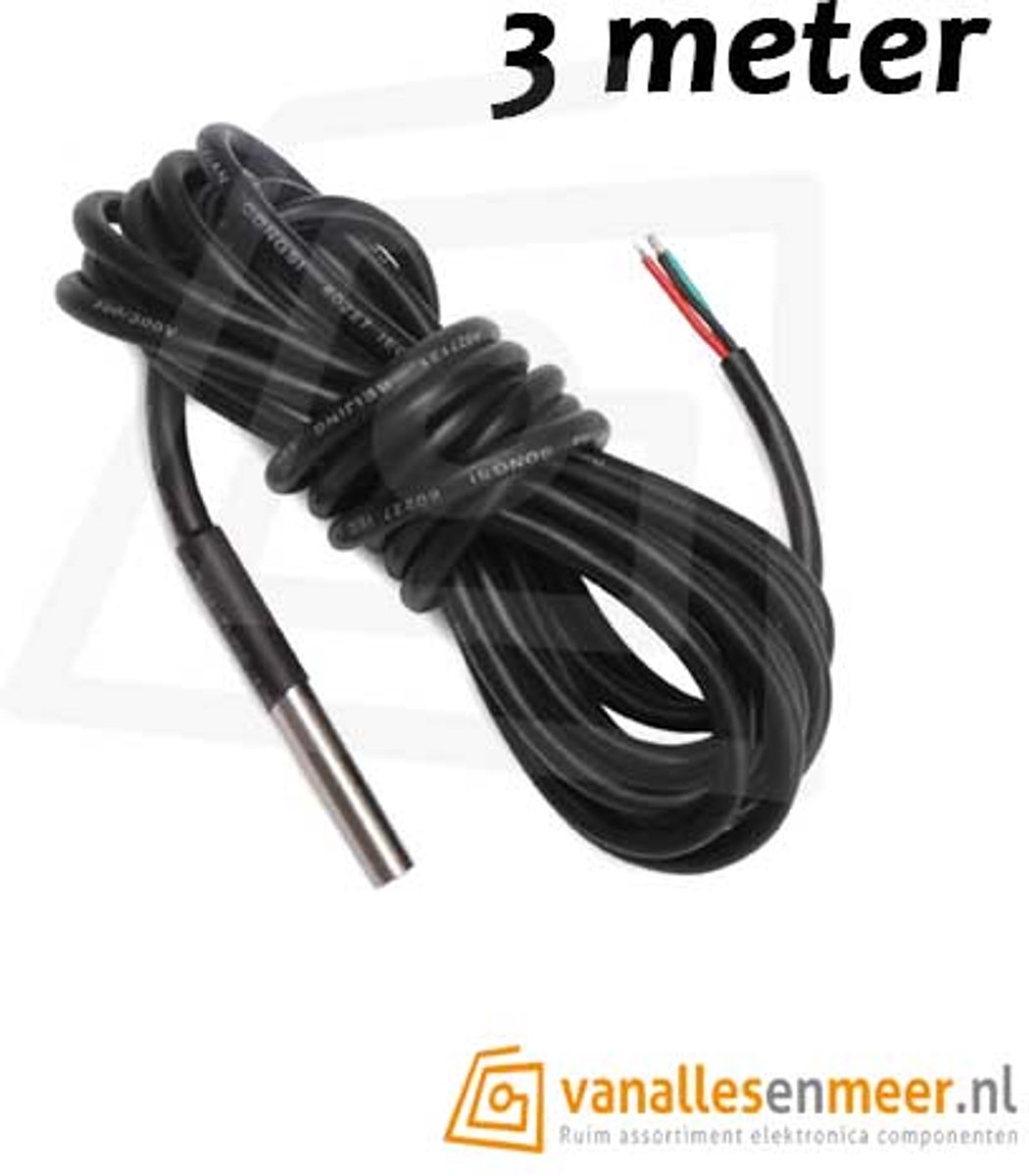 Temperatuur 1 Wire Waterdicht DS18B20 3meter - geschikt voor Arduino en Raspberry.