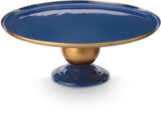 Blauwe taartschaal met gouden voet en rand.