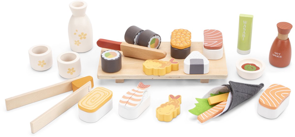 Woet® Houten Sushi Speelset - 30-delig Japans Rollenspel Speelgoed - Inclusief Stokjes, Sojasaus en Serveerplank - FSC Speelgoedeten - Educatief Keukenspeelgoed - Vanaf 3 Jaar — afbeelding 2
