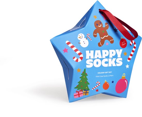 Stervormige geschenkdoos van Happy Socks met kerstdecoraties, een gingerbread man en de tekst 'Happy Socks'.