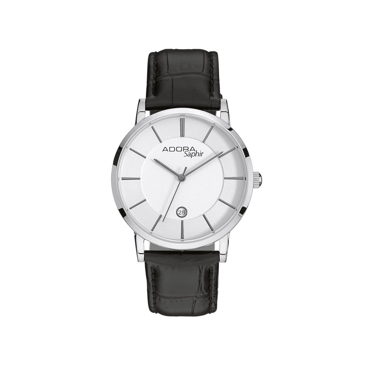 Adora Saphir Herenhorloge AS4776 - Minimalistisch Design - Edelstaal - Saffierglas - Zwart Lederen Band - Datumvenster