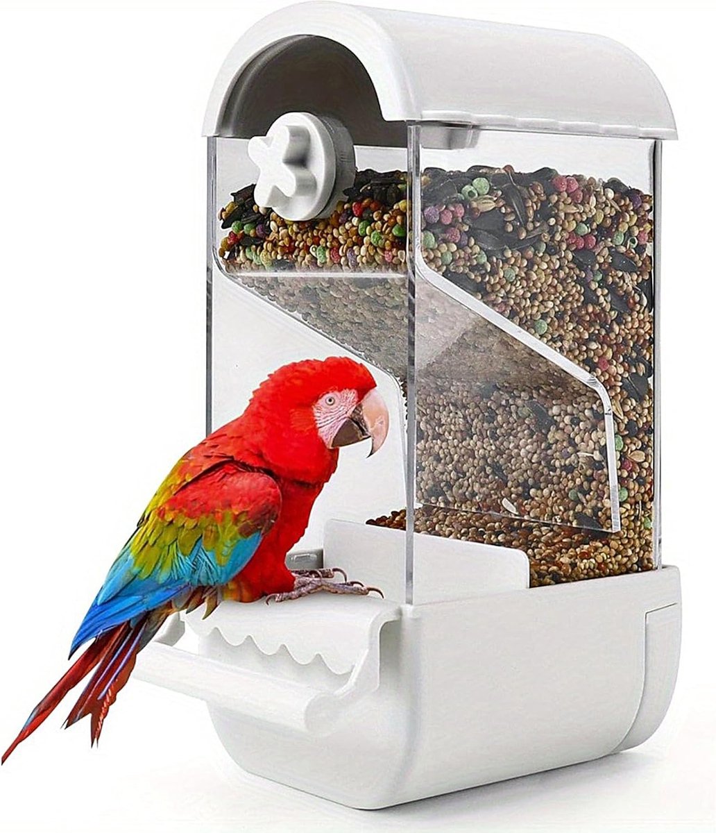 Automatische vogelvoederbak, 1-delige voederbak zonder rommel met zitstok, voerbak voor papegaaien, accessoires voor parkieten, kanaries, valkparkieten, vinken en dwergpapegaaien (wit)