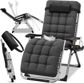 Chaise longue pliante ELONEO, avec coussin extra épais, coussin de nuque et porte-gobelet inclus, noir